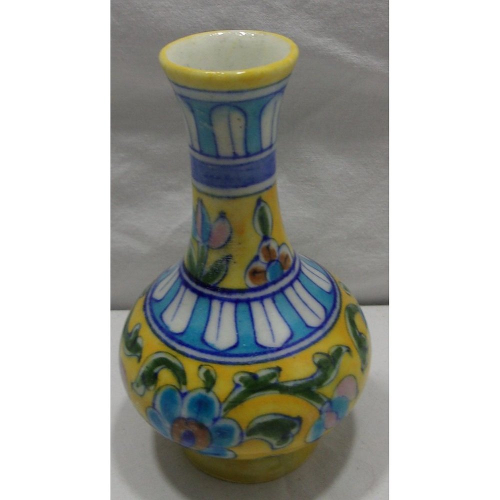 Vtg Jaipur Yellow Pottery Vase/Vessel Hand Painted & Signed on Bottom 4 3/4"